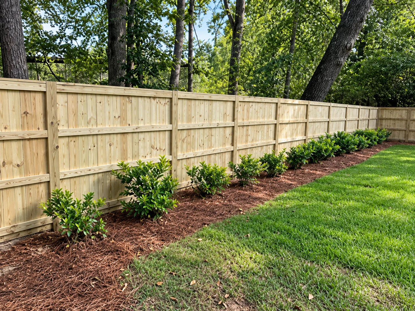 Wood privacy fence surrounding a green backyard